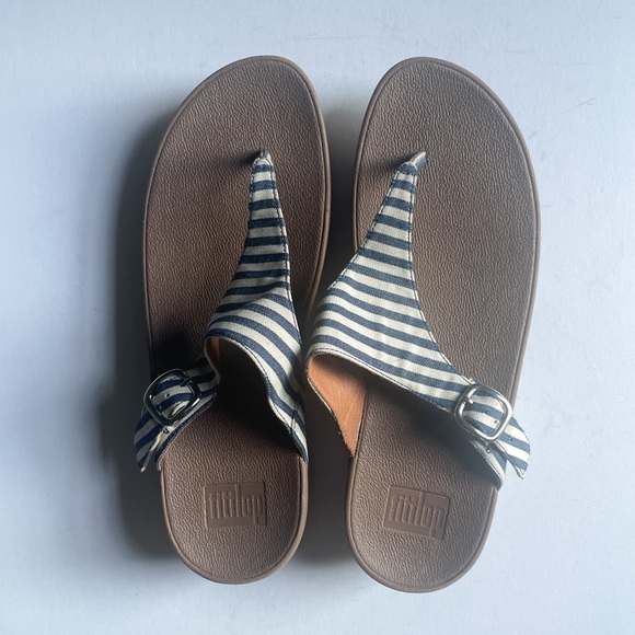 FitFlop Skinny Canvas Toe Post Slide Sandal Shoe Nautical Striped Blue Size 10 - Picture 2 of 8